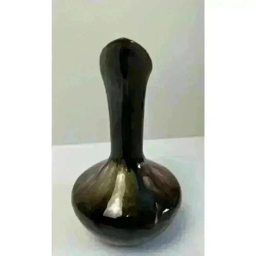 Vintage MCM Ceramic Cruet Pink Blue Gold Silver Drip Glaze Brown base Redware